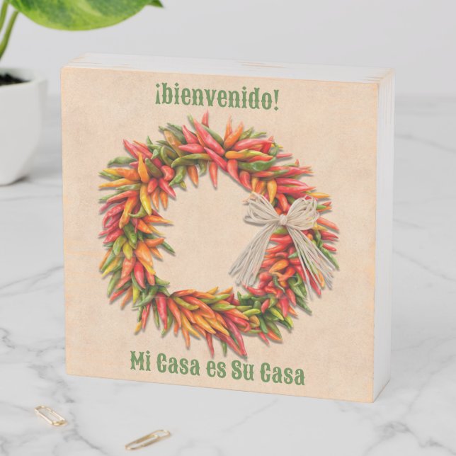 Southwest Chile Ristra Wreath on Adobe Wall Wooden Box Sign (In Situ Horizontal)