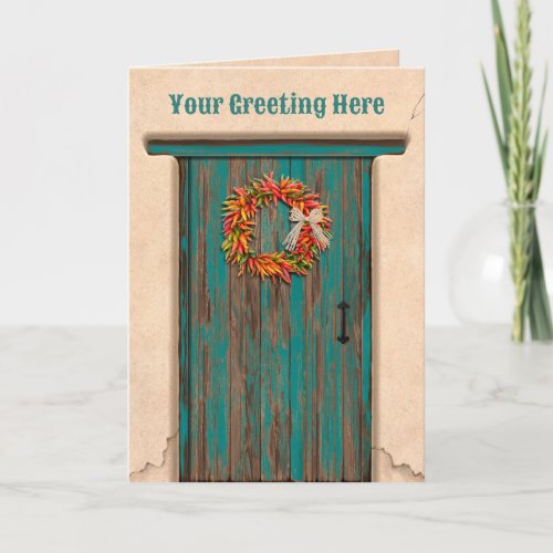 Southwest Chile Ristra Wreath on Rustic Blue Door Card