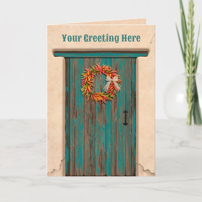 Southwest Chile Ristra Wreath on Rustic Blue Door Card (Front)