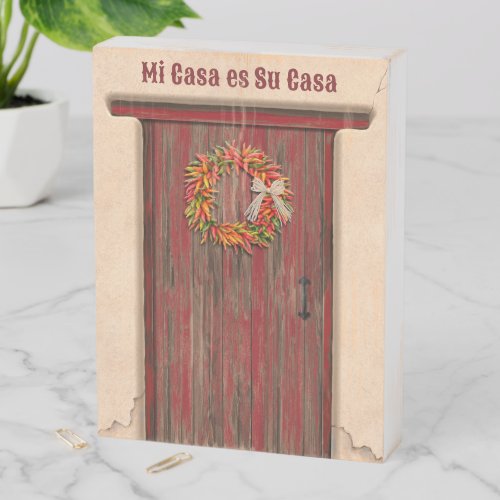 Southwest Chile Ristra Wreath on Rustic Red Door Wooden Box Sign