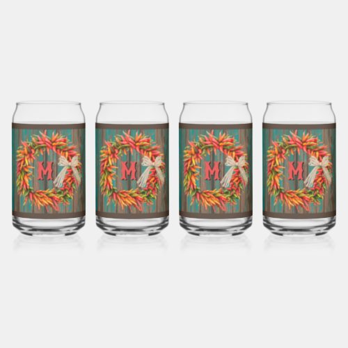 Southwest Chile Ristra Wreath on Wood Personalized Can Glass