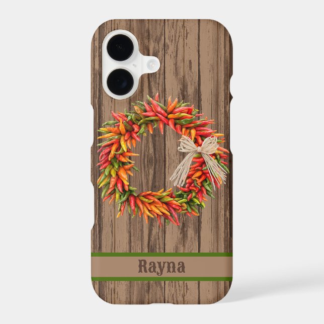 Southwest Chile Ristra Wreath on Wood Personalized iPhone Case (Back)