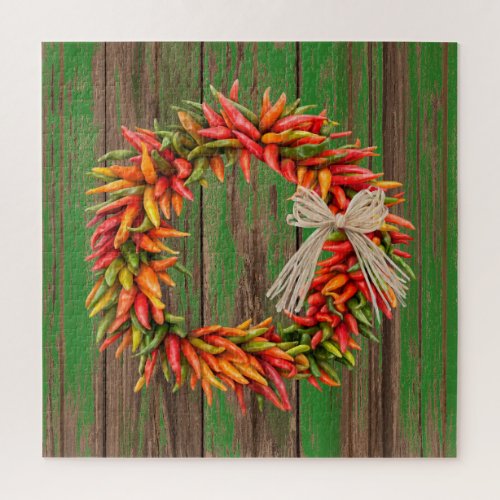 Southwest Chile Ristra Wreath Weathered Green Wood Jigsaw Puzzle