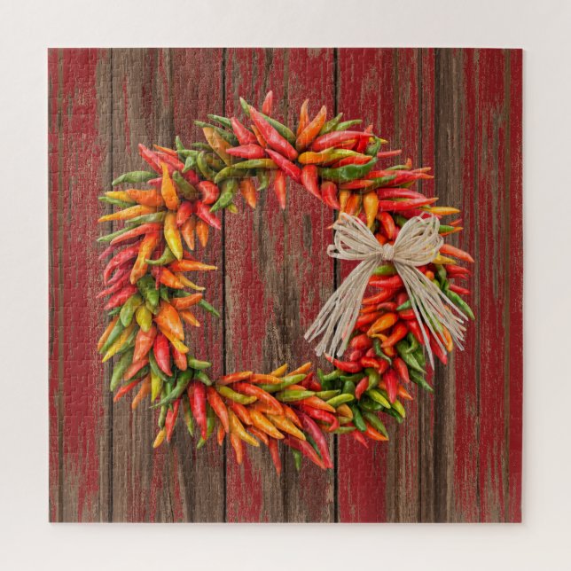 Southwest Chile Ristra Wreath Weathered Red Wood Jigsaw Puzzle (Vertical)
