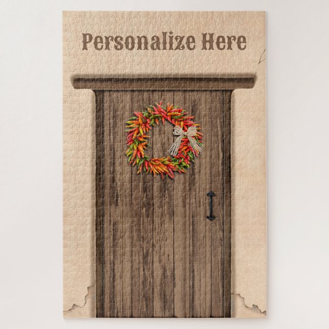 Southwest Chile Ristra Wreath Weathered Wood Door Jigsaw Puzzle (Vertical)