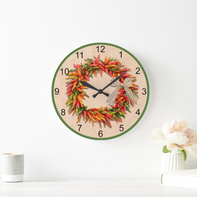 Southwest Chile Ristra Wreath with Basic Numbers  Large Clock (Home)