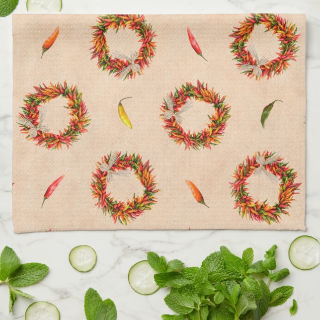 Southwest Chile Ristra Wreaths All Over Pattern Kitchen Towel (Folded)