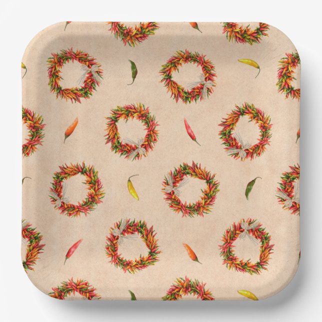 Southwest Chile Ristra Wreaths All Over Pattern Paper Plates (Front)