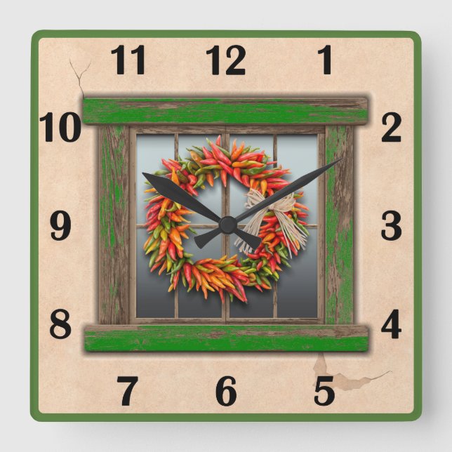 Southwest Chile Wreath Green Window Basic Numbers Square Wall Clock (Front)