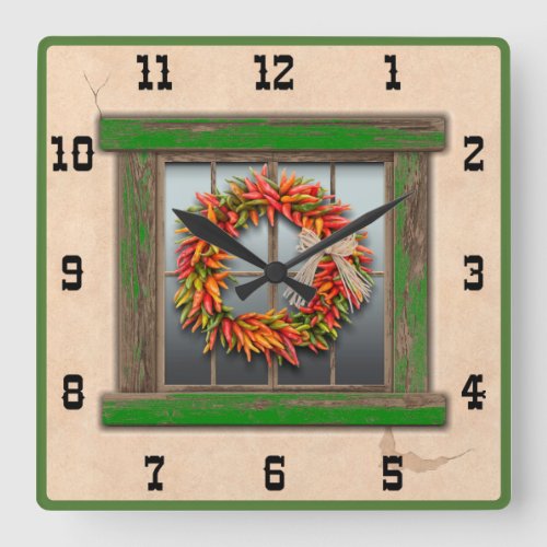 Southwest Chile Wreath Green Window Western Number Square Wall Clock