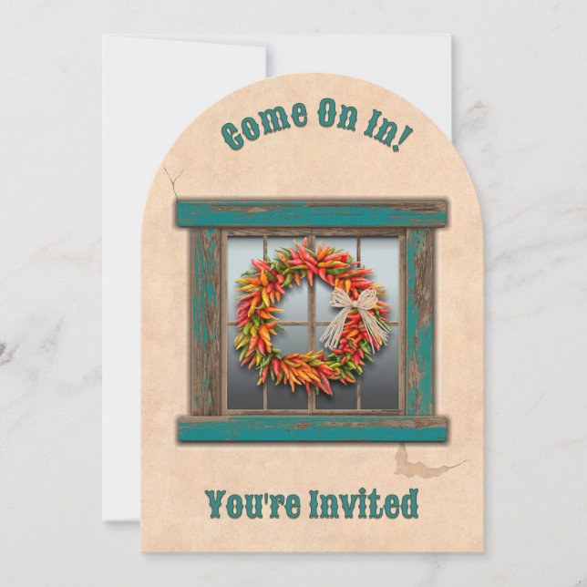 Southwest Chile Wreath on Blue Window Invitation (Front)