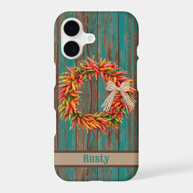 Southwest Chile Wreath on Blue Wood Personalized iPhone Case (Back)