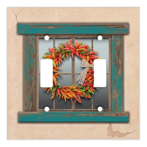 Southwest Chile Wreath on Blue Wooden Window  Light Switch Cover