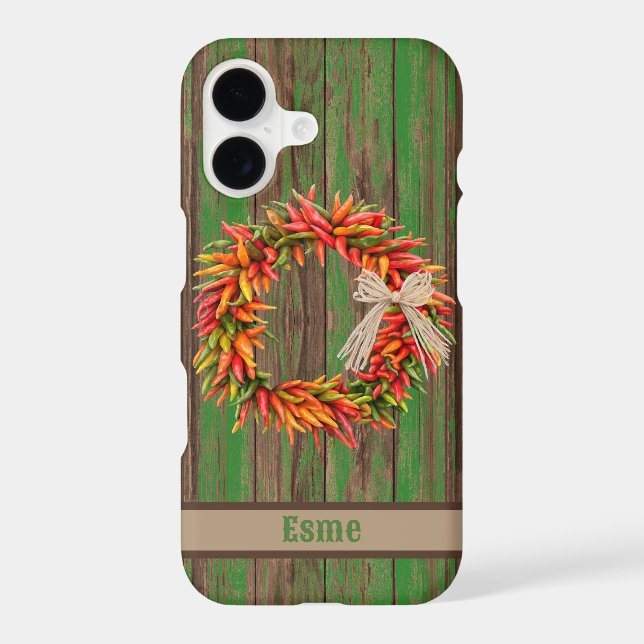 Southwest Chile Wreath on Green Wood Personalized iPhone Case (Back)