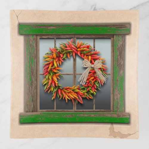 Southwest Chile Wreath on Green Wood Window Trinket Tray