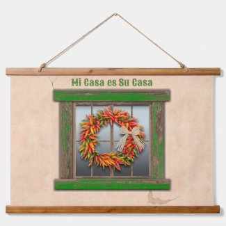 Southwest Chile Wreath on Old Green Wood Window 