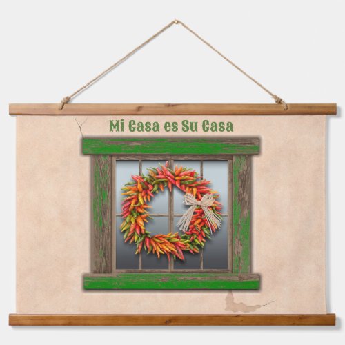 Southwest Chile Wreath on Old Green Wood Window  Hanging Tapestry