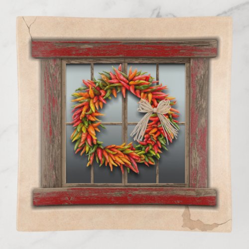 Southwest Chile Wreath on Red Wood Window Trinket Tray