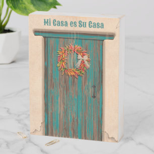 Southwest Chile Wreath on Rustic Blue Door Wooden Box Sign