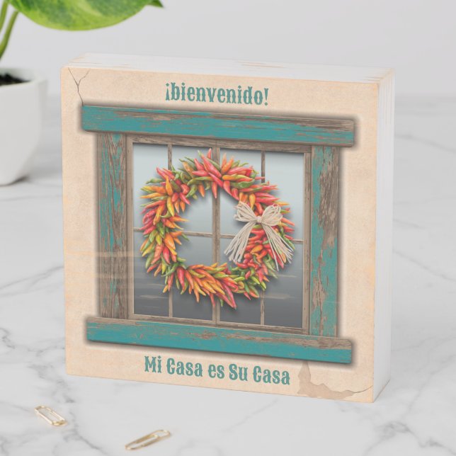 Southwest Chile Wreath on Rustic Blue Window  Wooden Box Sign (In Situ Horizontal)