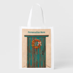 Southwest Chile Wreath on Rustic Blue Wood Door Grocery Bag