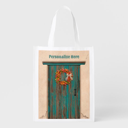 Southwest Chile Wreath on Rustic Blue Wood Door Grocery Bag
