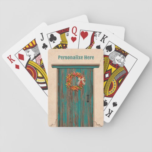 Southwest Chile Wreath on Rustic Blue Wood Door Poker Cards