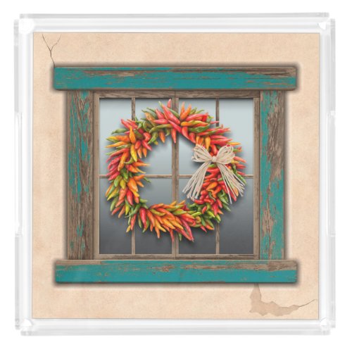 Southwest Chile Wreath on Rustic Blue Wood Window  Acrylic Tray