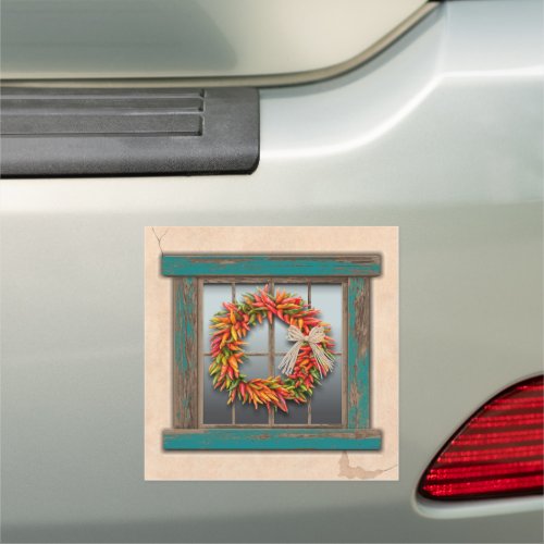 Southwest Chile Wreath on Rustic Blue Wood Window Car Magnet