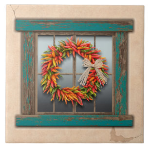 Southwest Chile Wreath on Rustic Blue Wood Window Ceramic Tile