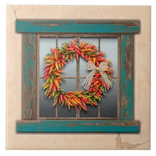 Southwest Chile Wreath on Rustic Blue Wood Window  Ceramic Tile