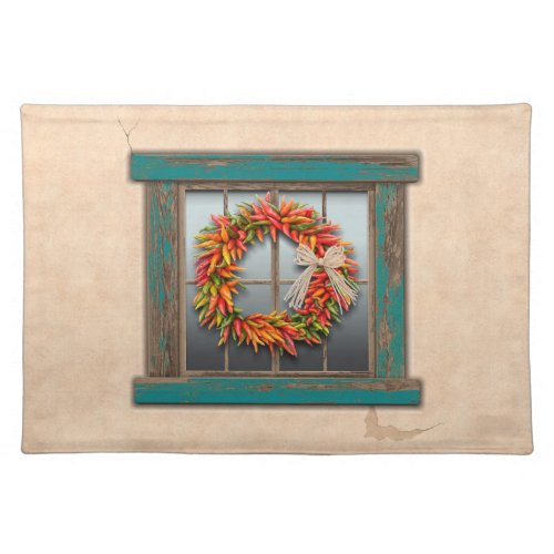 Southwest Chile Wreath on Rustic Blue Wood Window  Cloth Placemat