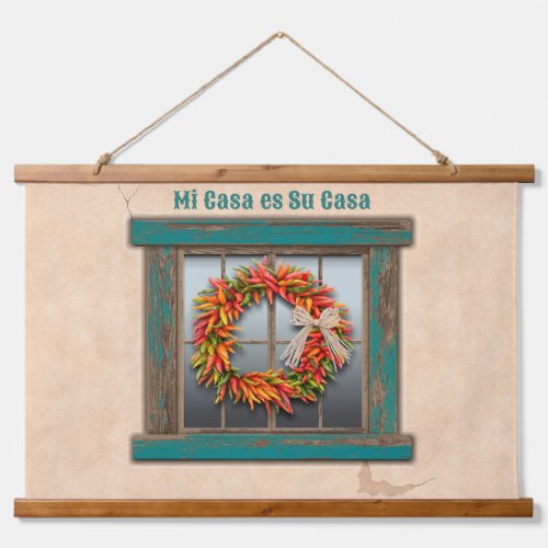 Southwest Chile Wreath on Rustic Blue Wood Window Hanging Tapestry
