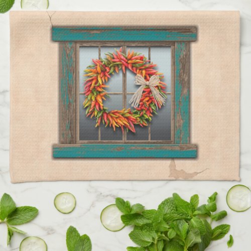 Southwest Chile Wreath on Rustic Blue Wood Window Kitchen Towel