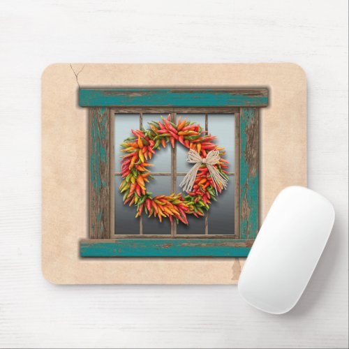 Southwest Chile Wreath on Rustic Blue Wood Window Mouse Pad