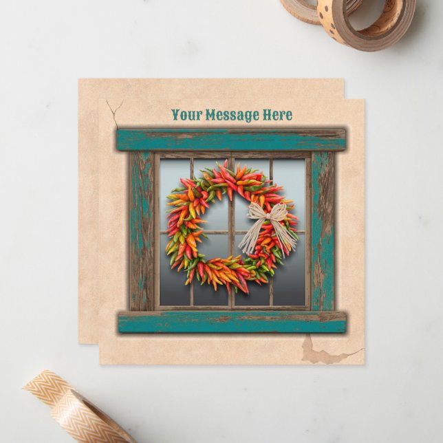 Southwest Chile Wreath on Rustic Blue Wood Window Note Card (Front/Back In Situ)