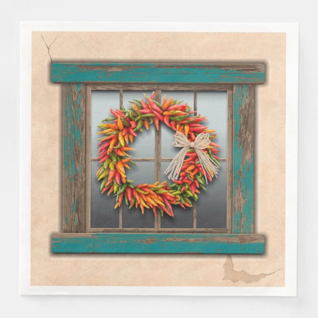 Southwest Chile Wreath on Rustic Blue Wood Window Paper Dinner Napkins (Front)