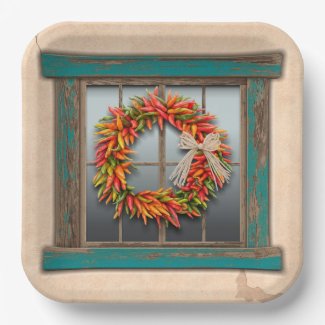 Southwest Chile Wreath on Rustic Blue Wood Window 