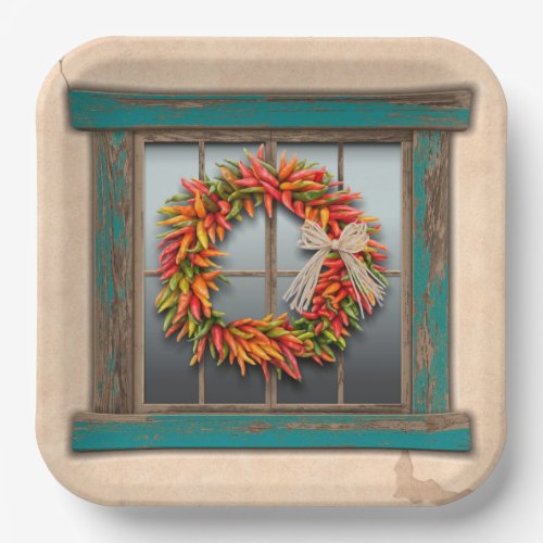 Southwest Chile Wreath on Rustic Blue Wood Window  Paper Plates