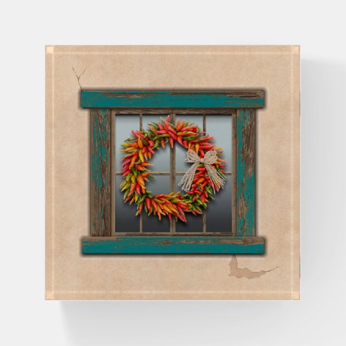 Southwest Chile Wreath on Rustic Blue Wood Window Paperweight