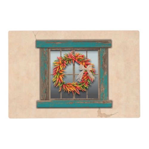 Southwest Chile Wreath on Rustic Blue Wood Window Placemat