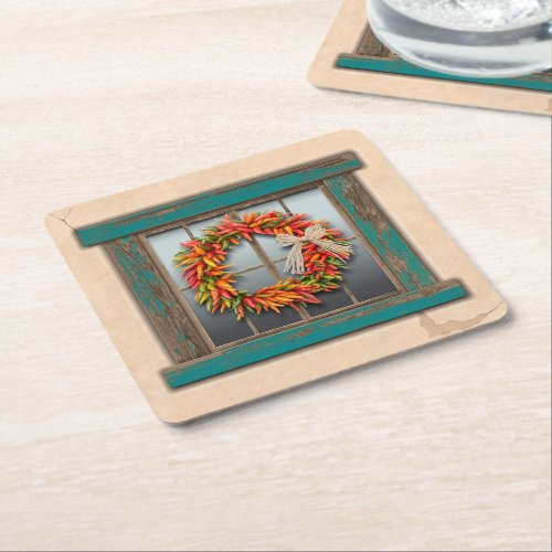 Southwest Chile Wreath on Rustic Blue Wood Window Square Paper Coaster