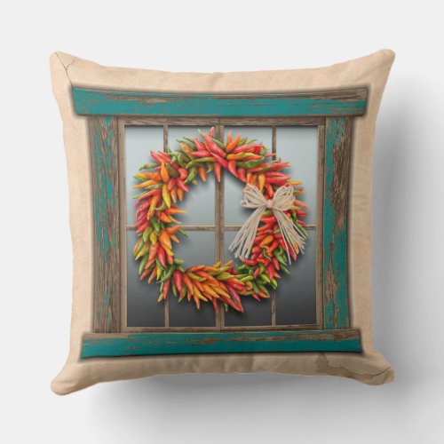 Southwest Chile Wreath on Rustic Blue Wood Window Throw Pillow