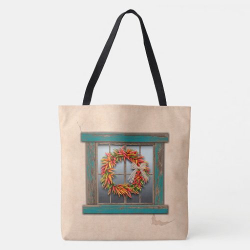 Southwest Chile Wreath on Rustic Blue Wood Window Tote Bag