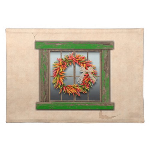 Southwest Chile Wreath on Rustic Green Window  Cloth Placemat