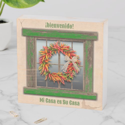 Southwest Chile Wreath on Rustic Green Window  Wooden Box Sign