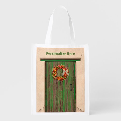 Southwest Chile Wreath on Rustic Green Wood Door Grocery Bag