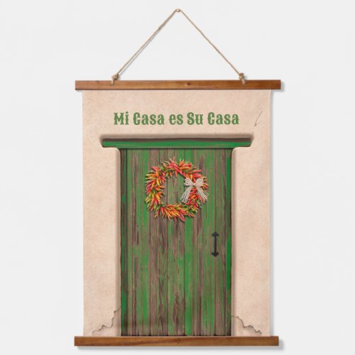 Southwest Chile Wreath on Rustic Green Wood Door Hanging Tapestry