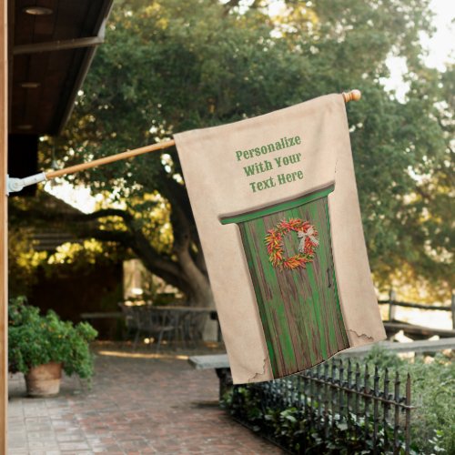 Southwest Chile Wreath on Rustic Green Wood Door  House Flag