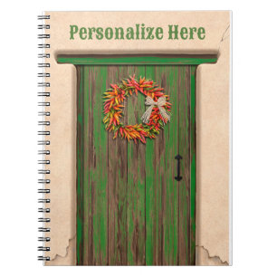 Southwest Chile Wreath on Rustic Green Wood Door Notebook